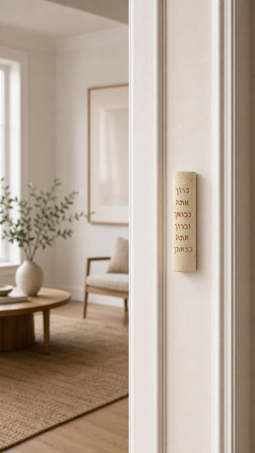 Golden Blessings Jerusalem stone mezuzah mounted vertically on a residential doorpost entrance.