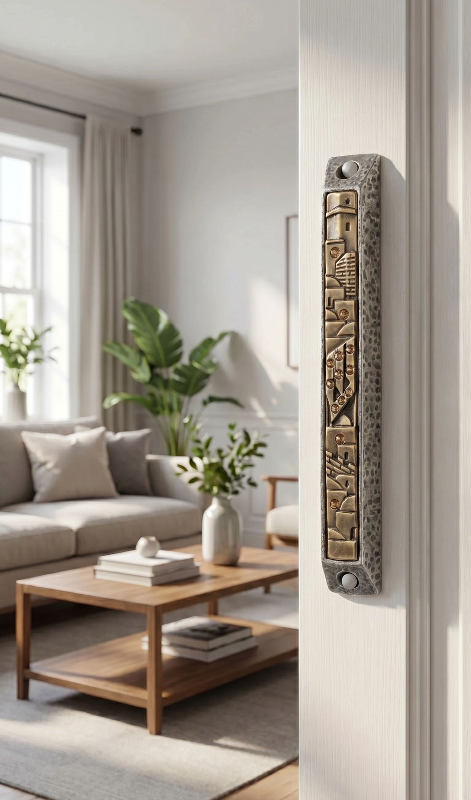 Elegant Golden Cityline pewter and brass mezuzah mounted on a doorway in a refined interior setting. Classic and architectural style.