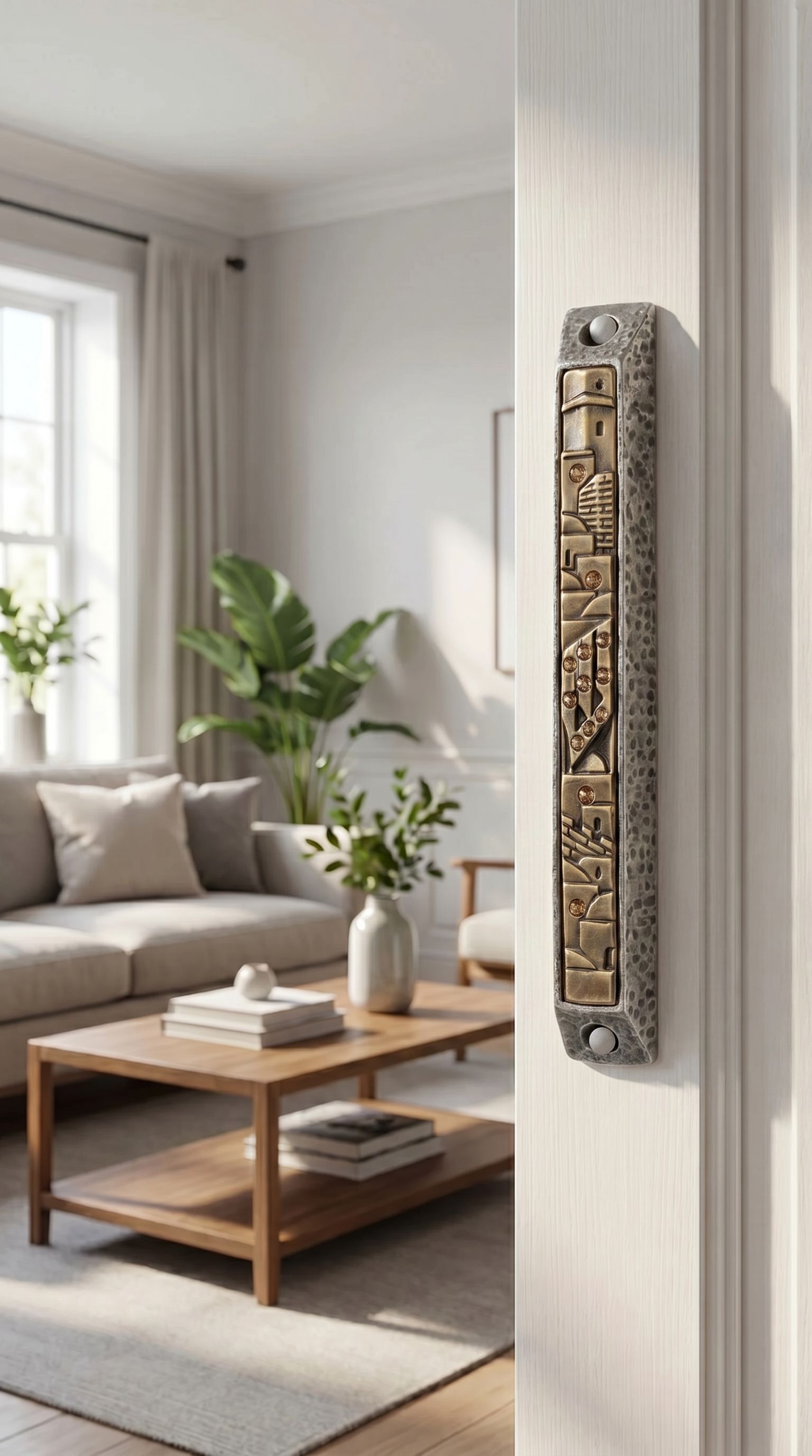 Elegant Golden Cityline pewter and brass mezuzah mounted on a doorway in a refined interior setting. Classic and architectural style.