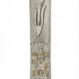 Upgraded high-resolution image of a golden Jerusalem City Mezuzah made of pewter, shown on a bright white studio background with a soft reflection, precise details.