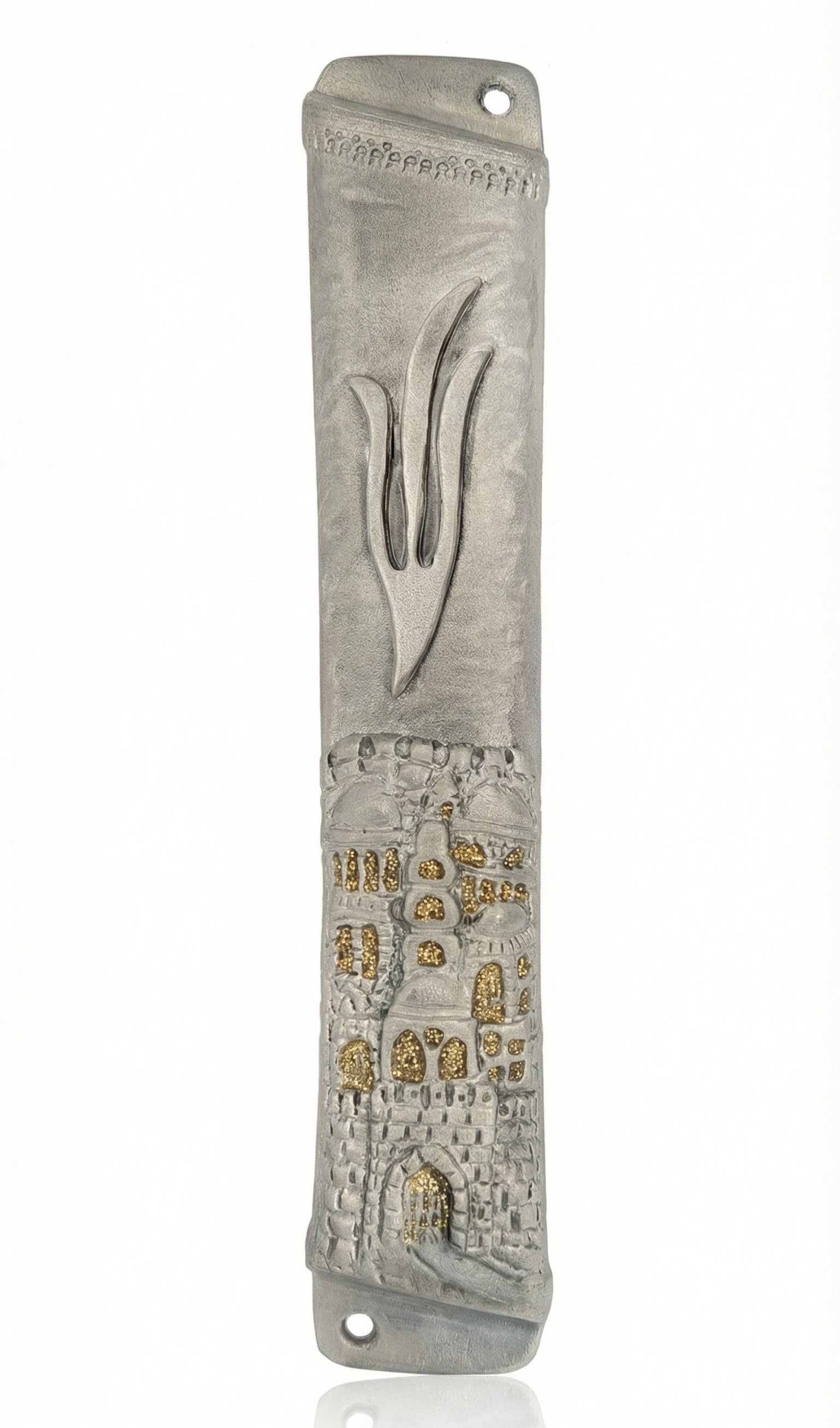 Upgraded high-resolution image of a golden Jerusalem City Mezuzah made of pewter, shown on a bright white studio background with a soft reflection, precise details.