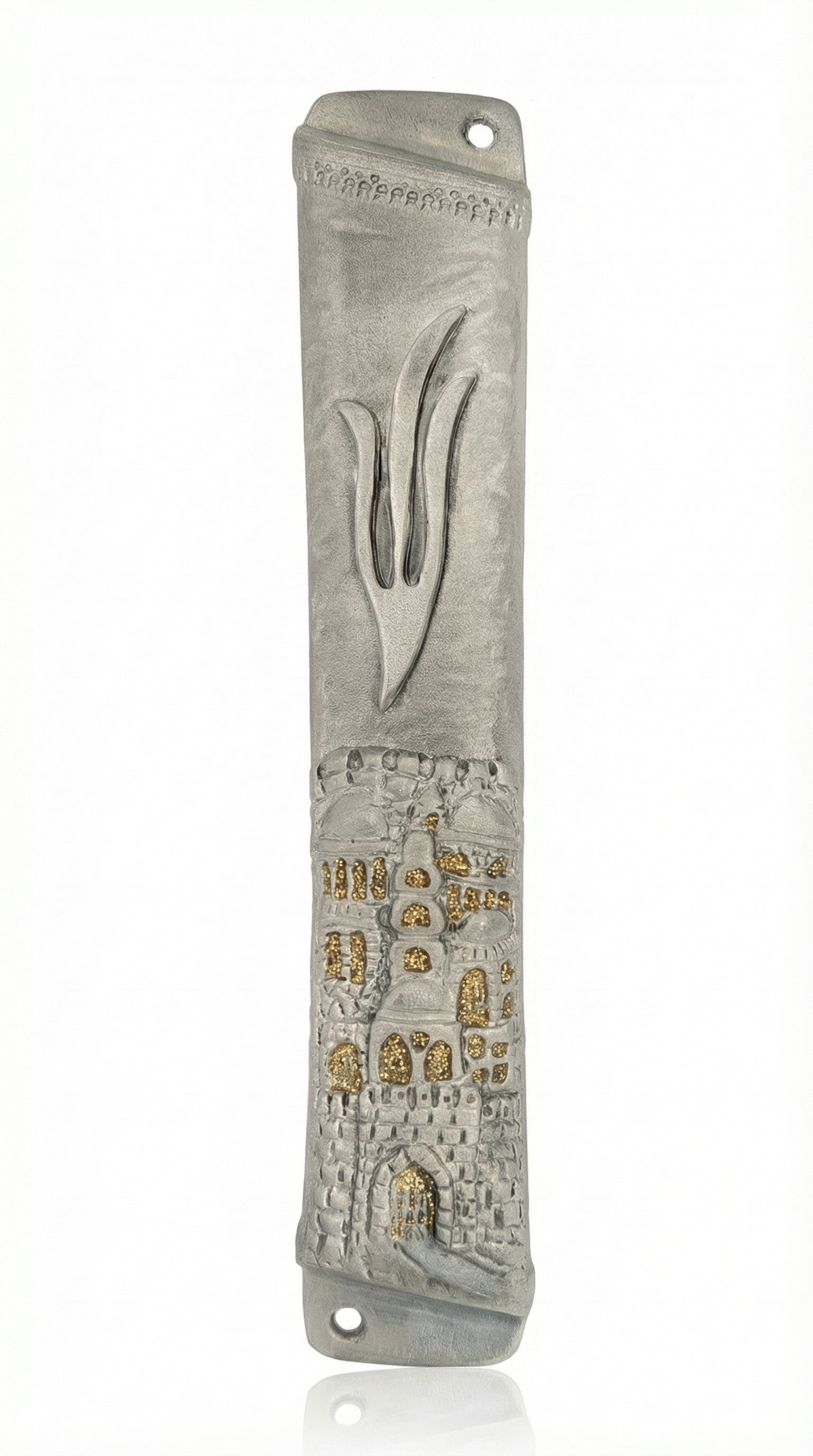 Silver pewter mezuzah case featuring a stylized Shin and a golden Jerusalem city relief at the base.