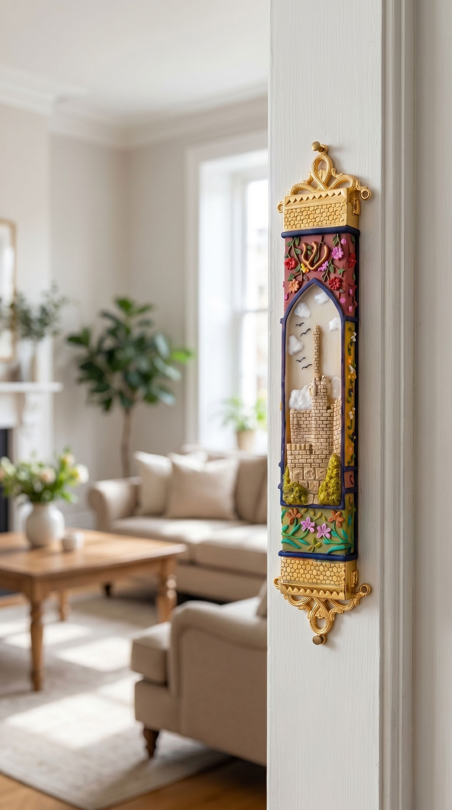 Elegant golden Jerusalem Garden mezuzah mounted on a doorframe, showcasing its ornate gold trim, colorful floral details, and Jerusalem scene, in a home interior.