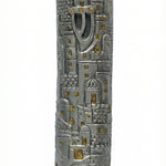 High-resolution image of the 'Golden Jerusalem' pewter mezuzah, showcasing fine details, Hebrew inscriptions, and decorative motifs on a white studio background with a subtle reflection.