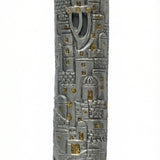 High-resolution image of the 'Golden Jerusalem' pewter mezuzah, showcasing fine details, Hebrew inscriptions, and decorative motifs on a white studio background with a subtle reflection.