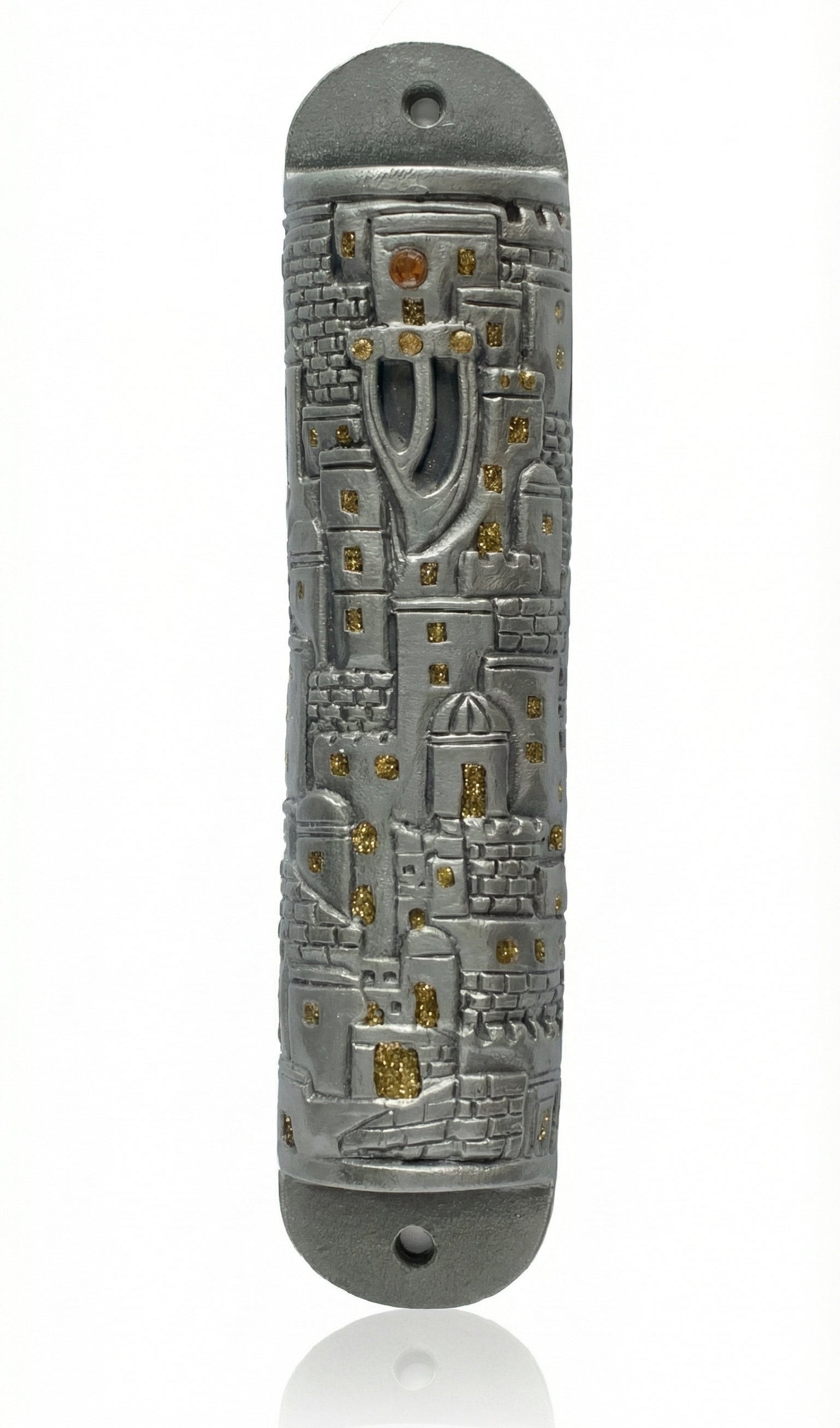 High-resolution image of the 'Golden Jerusalem' pewter mezuzah, showcasing fine details, Hebrew inscriptions, and decorative motifs on a white studio background with a subtle reflection.