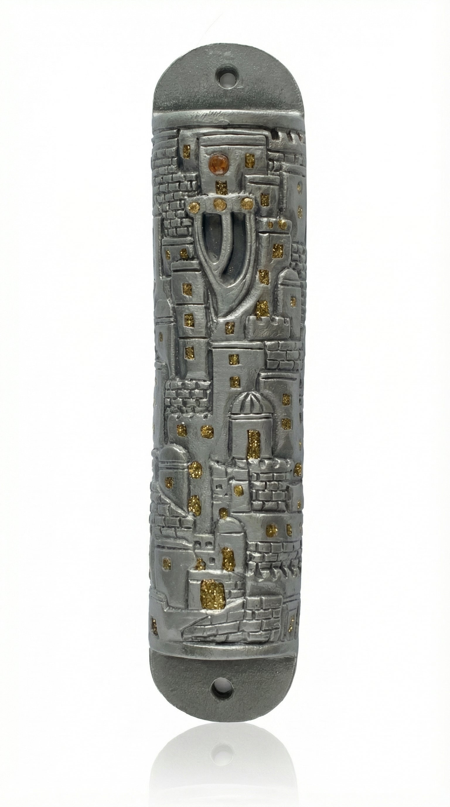 High-resolution image of the 'Golden Jerusalem' pewter mezuzah, showcasing fine details, Hebrew inscriptions, and decorative motifs on a white studio background with a subtle reflection.