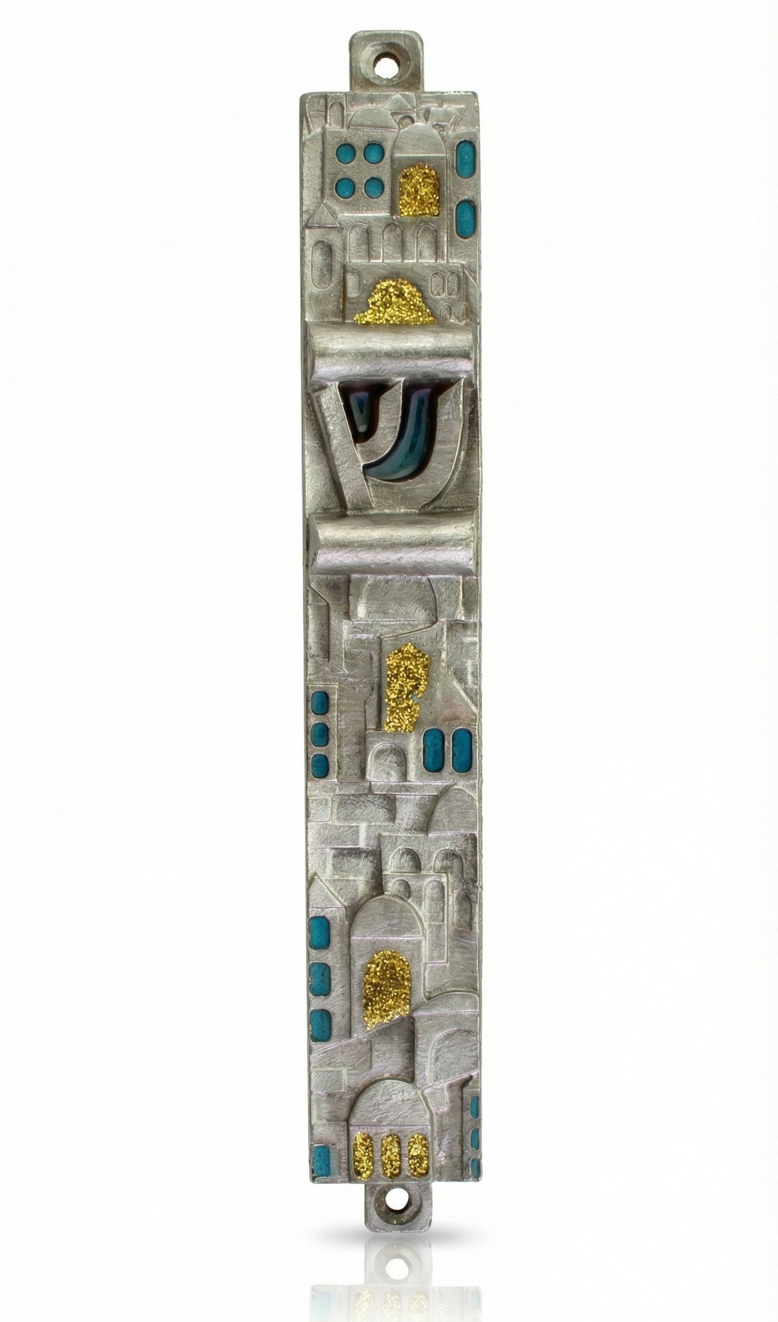 High-resolution image of the 'Golden Jerusalem' pewter mezuzah, 5.5 inches tall, with detailed engravings and Hebrew text