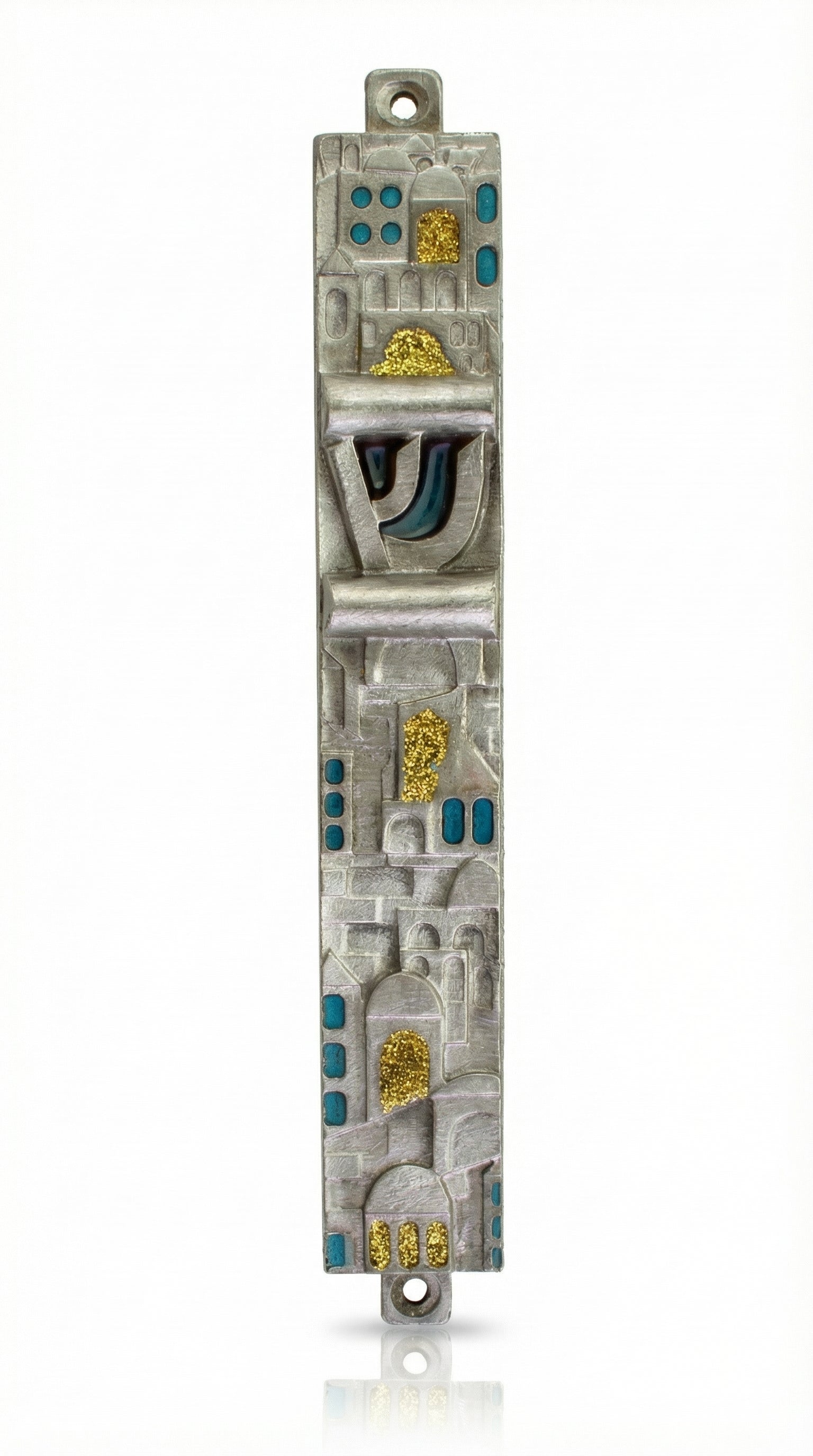 High-resolution image of the 'Golden Jerusalem' pewter mezuzah, 5.5 inches tall, with detailed engravings and Hebrew text