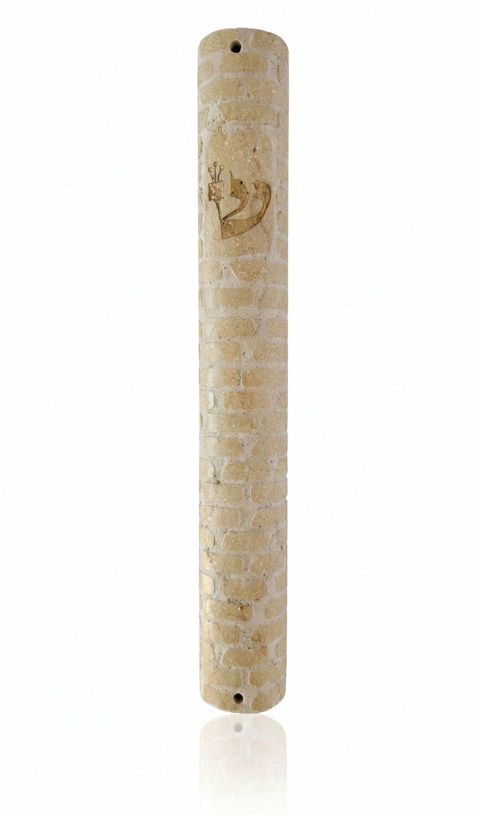 Golden Ramparts extra large Jerusalem stone mezuzah case with carved wall pattern, gold Shin and mounting holes