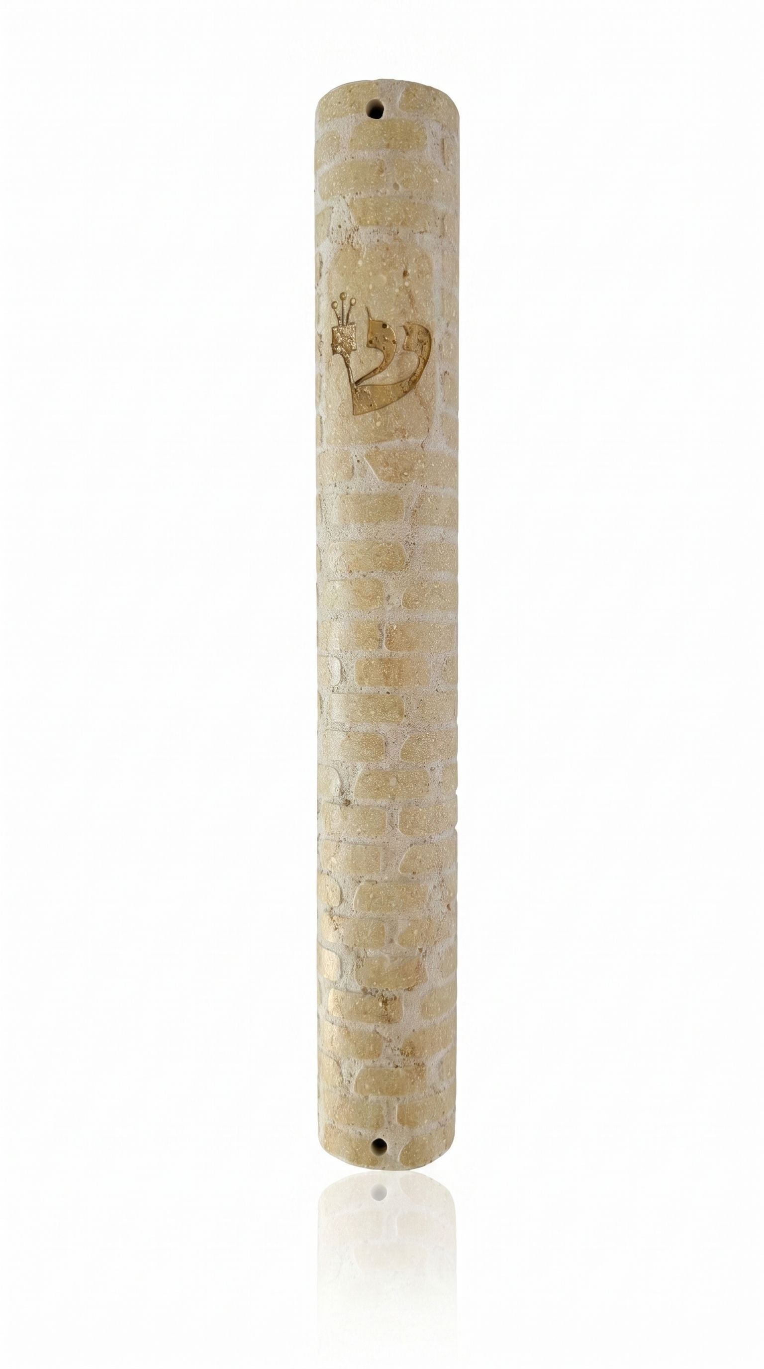 Golden Ramparts extra large Jerusalem stone mezuzah case with carved wall pattern, gold Shin and mounting holes