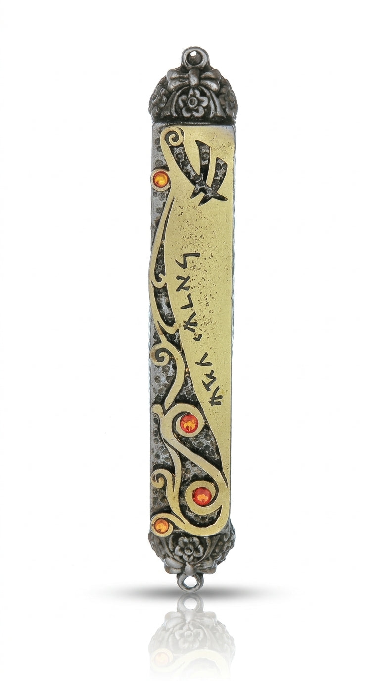 Elegant pewter Mezuzah with brass accents, engraved 'Shema Yisrael' in Hebrew, designed for home doorways with detailed craftsmanship.