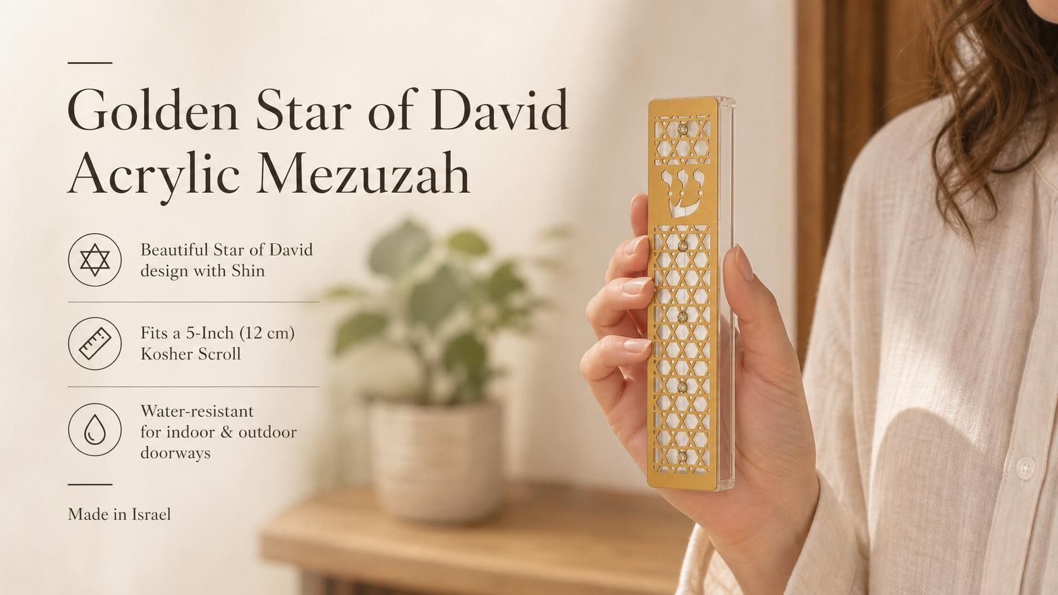 Person holding a Golden Star of David Acrylic Mezuzah showing its detailed gold overlay and crystal accents.