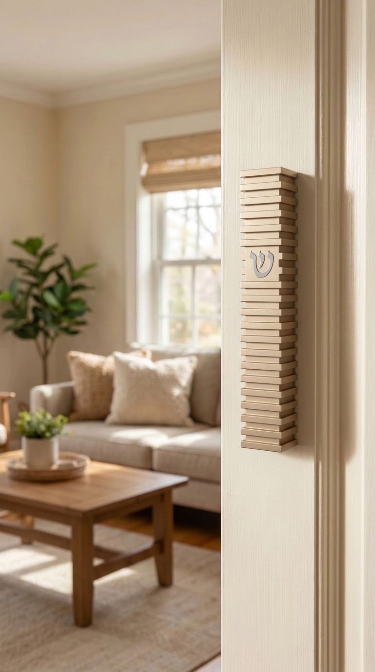golden Steps Mezuzah mounted on a doorpost, demonstrating its placement in a typical home doorway