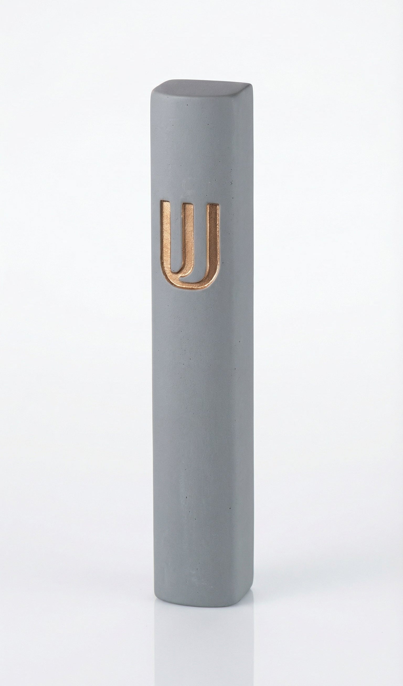 Large gray and gold Shin Mezuzah made of cement with Hebrew engraved details, designed for home doorways, 7 inches tall with strong mounting tape.