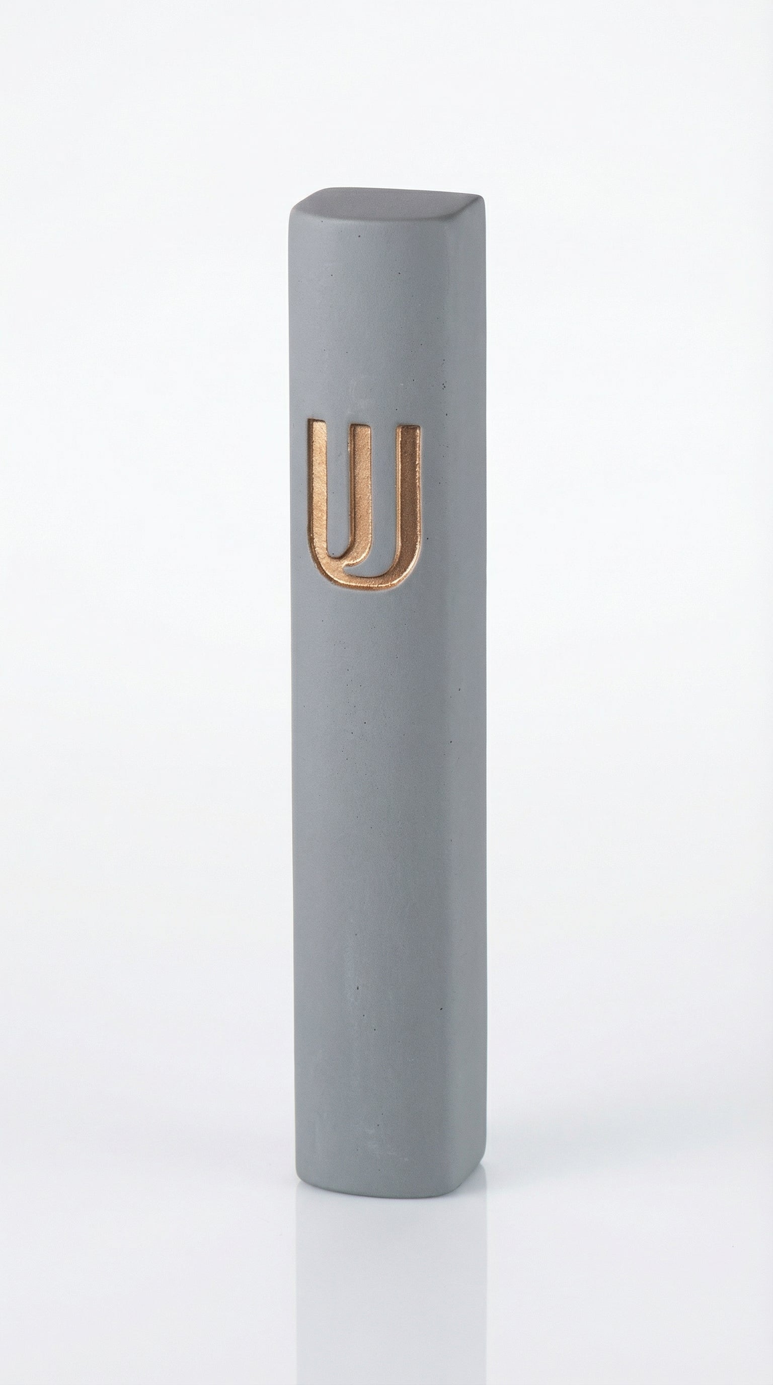 Large gray and gold Shin Mezuzah made of cement with Hebrew engraved details, designed for home doorways, 7 inches tall with strong mounting tape.