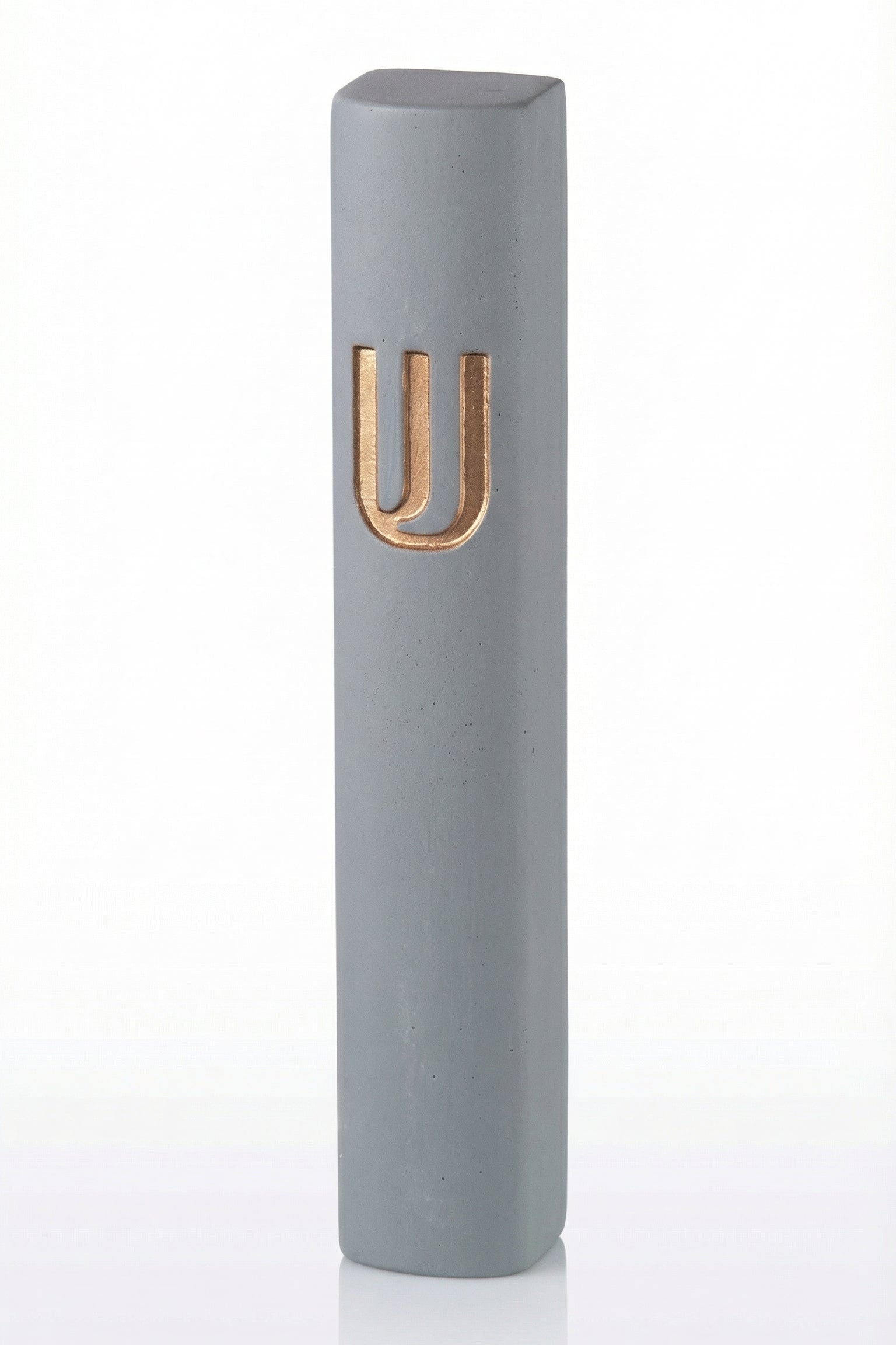 Large gray and gold Shin Mezuzah made of cement, 7 inches tall, with Hebrew engraving, designed for home doors, with strong mounting tape.