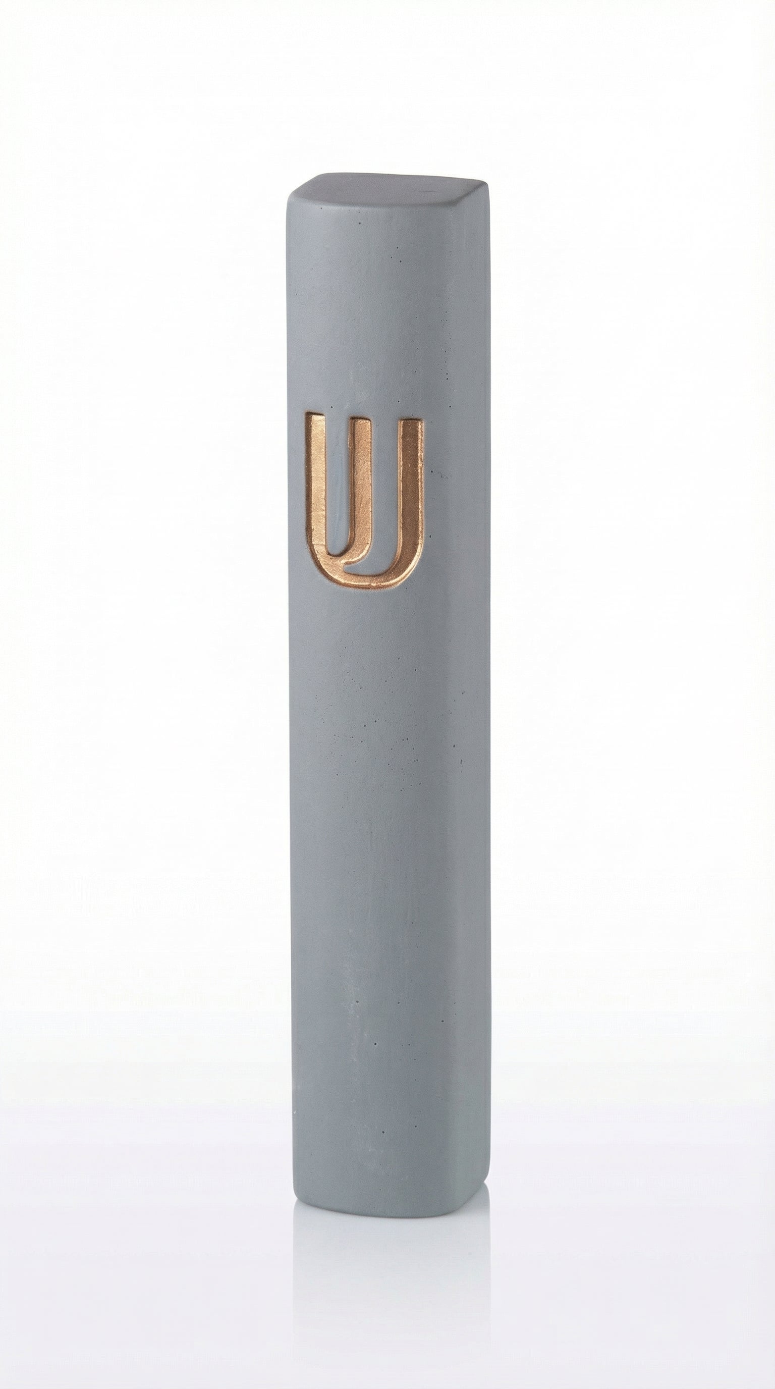 Large gray and gold Shin Mezuzah made of cement, 7 inches tall, with Hebrew engraving, designed for home doors, with strong mounting tape.