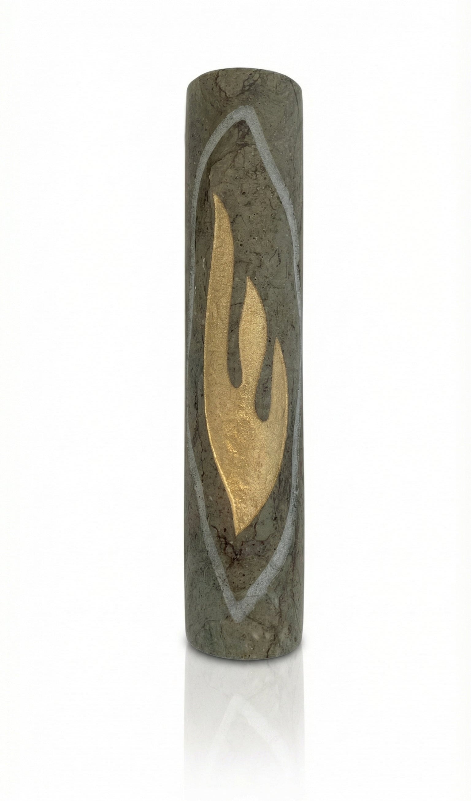 High-resolution image of a gray Jerusalem Stone Mezuzah with fluid lines and gold shin, detailed surface and craftsmanship visible.