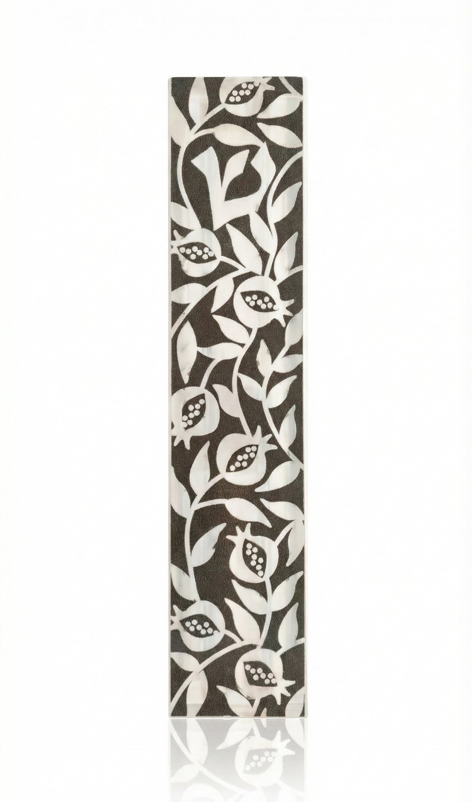 High-resolution image of a gray pomegranate mezuzah on a pure white background with soft reflection, showcasing detailed engraved Hebrew text and decorative motifs.