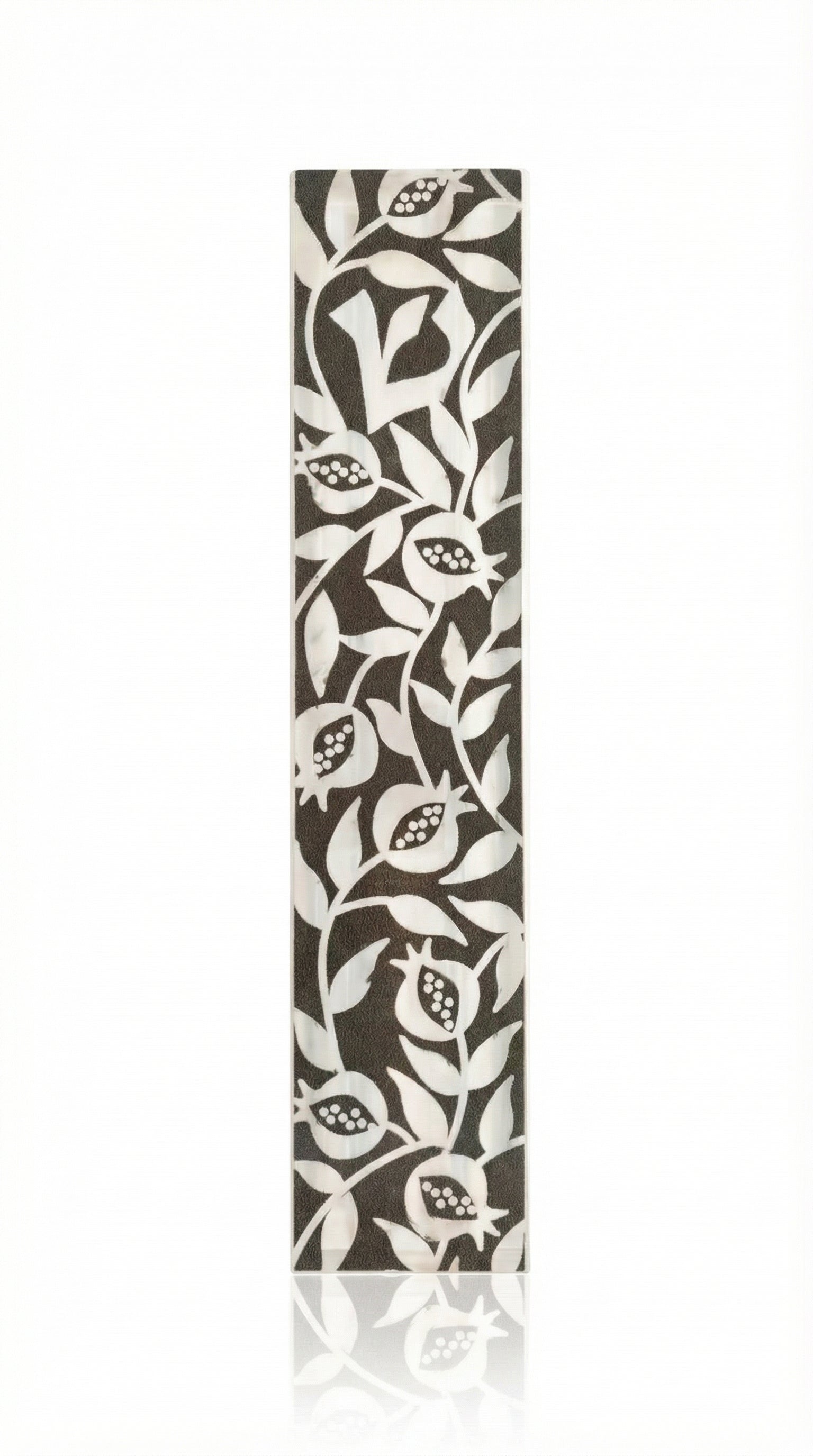 Gray and white acrylic mezuzah case with a pomegranate and leaf vine pattern.