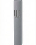 Gray Shin Mezuzah made of cement, 6 inches tall, affixed with strong tape, for doorways, with detailed Hebrew lettering and decorative motifs.
