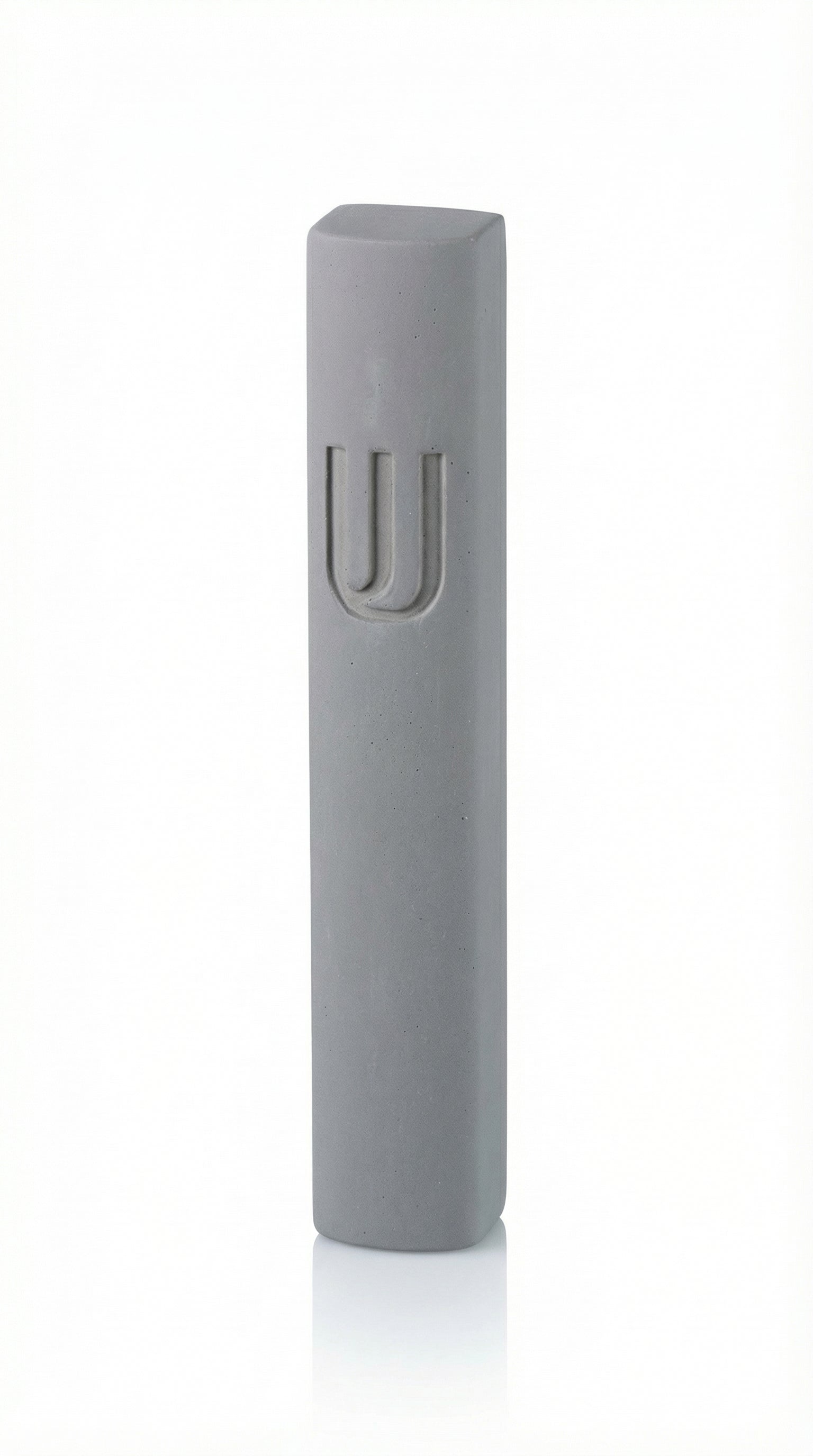 Gray Shin Mezuzah made of cement, 6 inches tall, affixed with strong tape, for doorways, with detailed Hebrew lettering and decorative motifs.