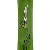 Made of glass with intricate floral and Hebrew motifs, green flower mezuzah displayed on a white background with soft reflection.
