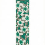 Elegant pewter mezuzah adorned with green floral enamel design, designed for home doorways, with detailed Hebrew lettering and decorative motifs.