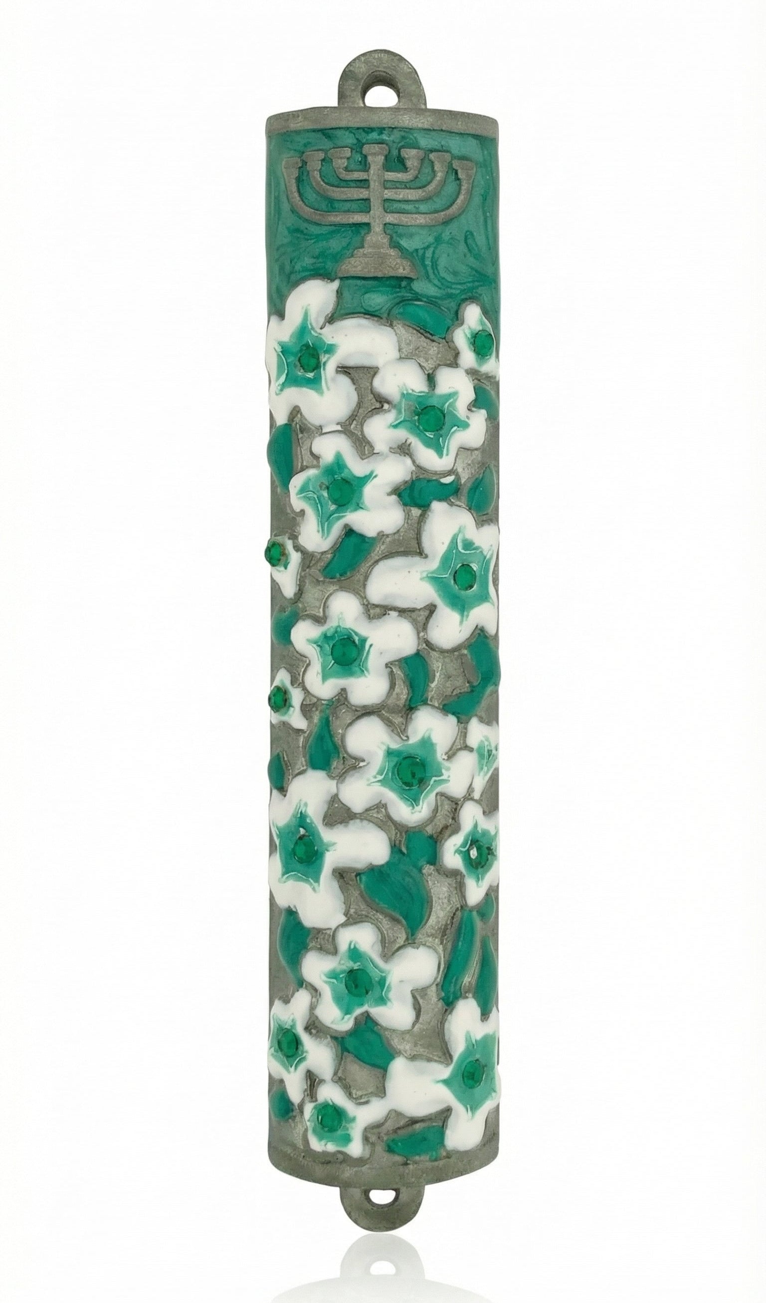 Elegant pewter mezuzah adorned with green floral enamel design, designed for home doorways, with detailed Hebrew lettering and decorative motifs.