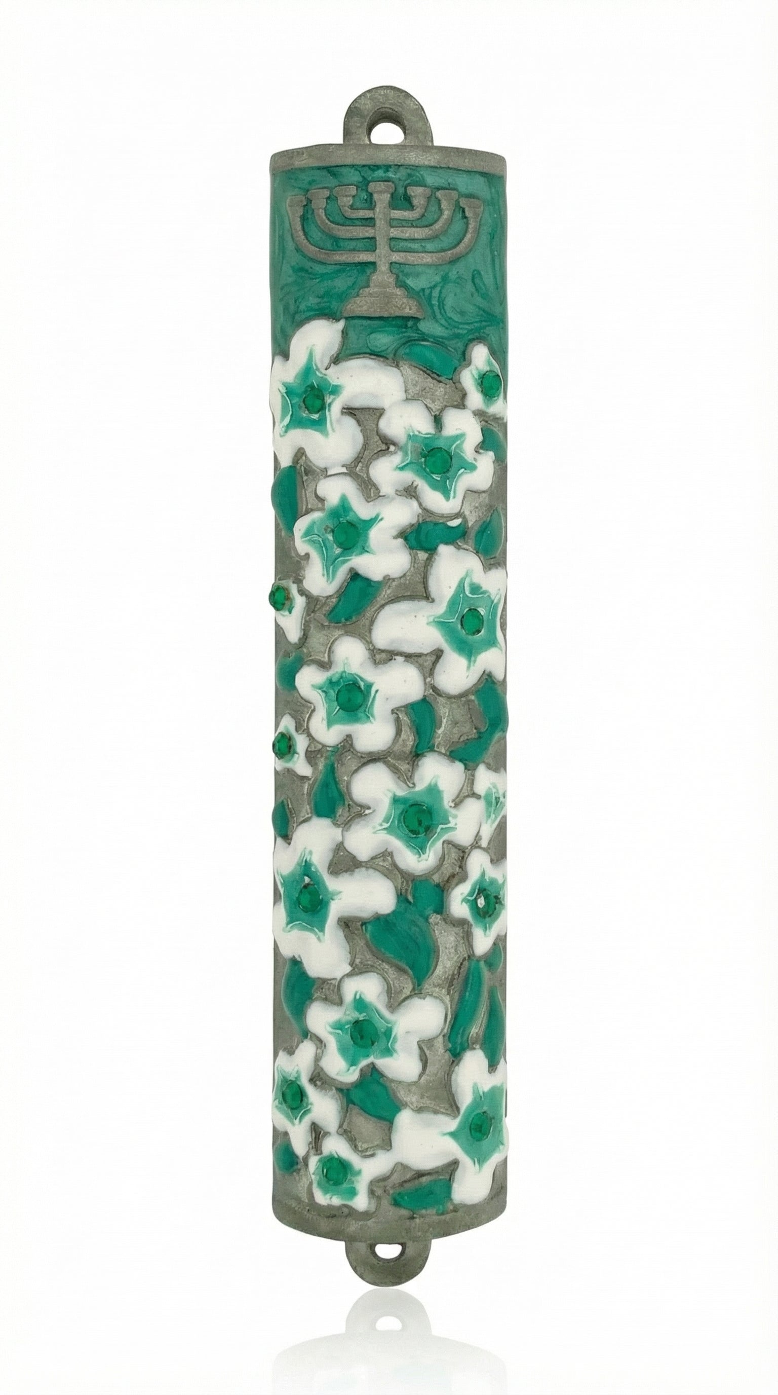Elegant pewter mezuzah adorned with green floral enamel design, designed for home doorways, with detailed Hebrew lettering and decorative motifs.
