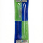 Fused glass Mezuzah in green and blue with silver textured accents, displayed on a white studio background with soft reflection.