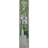 Upscale green Jerusalem Mezuzah made of pewter and hand painted with enamel, measuring 6.2 inches tall, with intricate Hebrew engravings, displayed on a white background with soft reflection for a clean studio look.