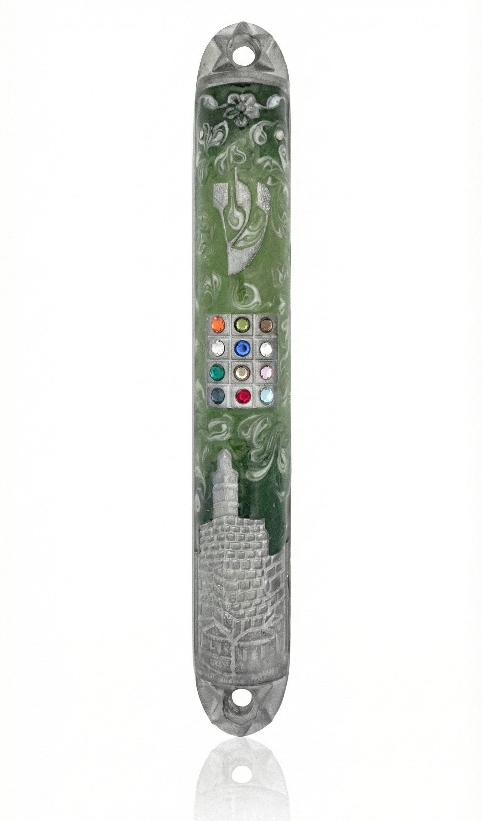 Upscale green Jerusalem Mezuzah made of pewter and hand painted with enamel, measuring 6.2 inches tall, with intricate Hebrew engravings, displayed on a white background with soft reflection for a clean studio look.