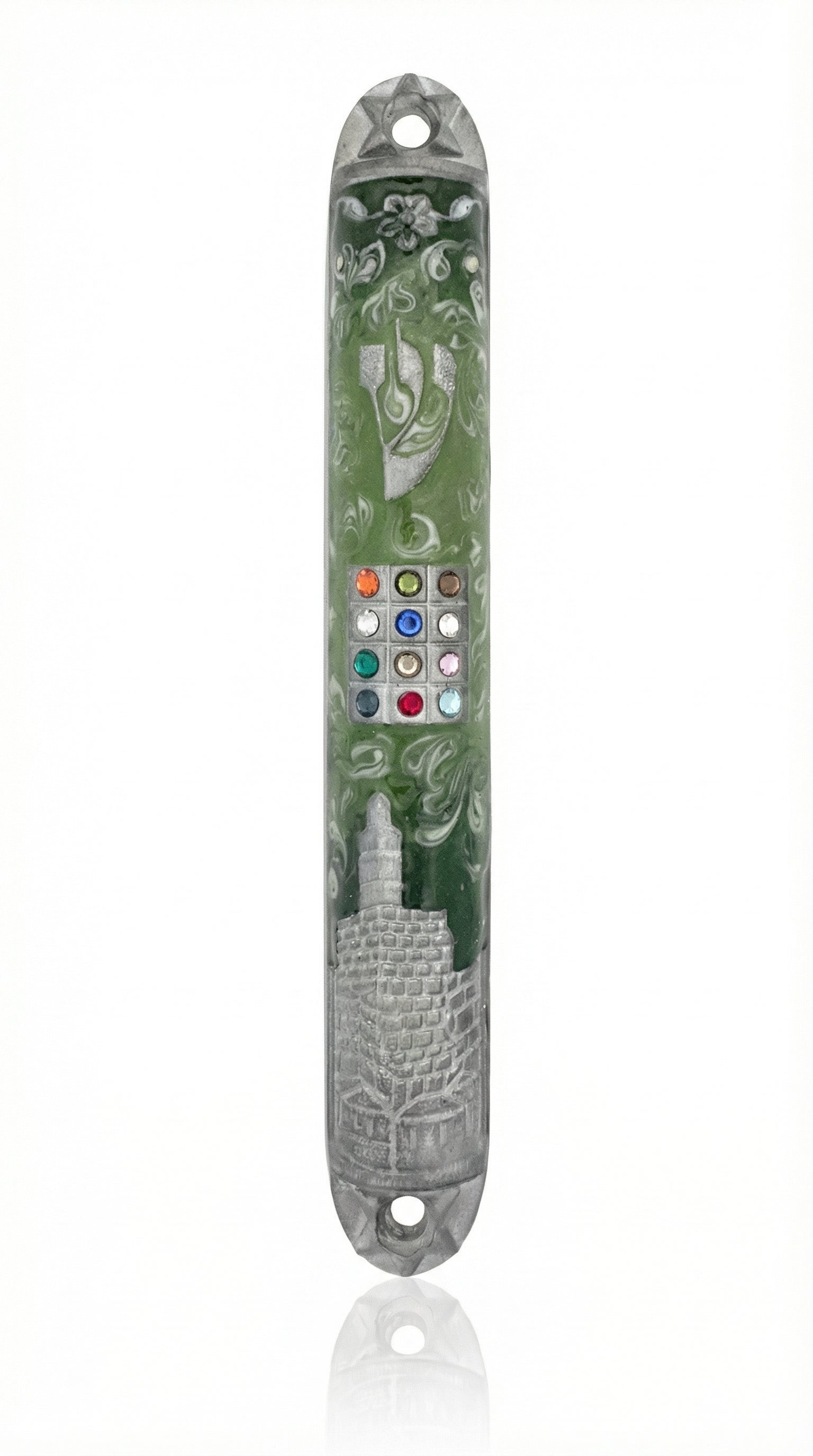 Upscale green Jerusalem Mezuzah made of pewter and hand painted with enamel, measuring 6.2 inches tall, with intricate Hebrew engravings, displayed on a white background with soft reflection for a clean studio look.