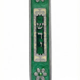 Hand-painted pewter Green Space Mezuzah, 5-inch tall with Hebrew symbols and decorative motifs, mounted with strong adhesive tape on a white background.