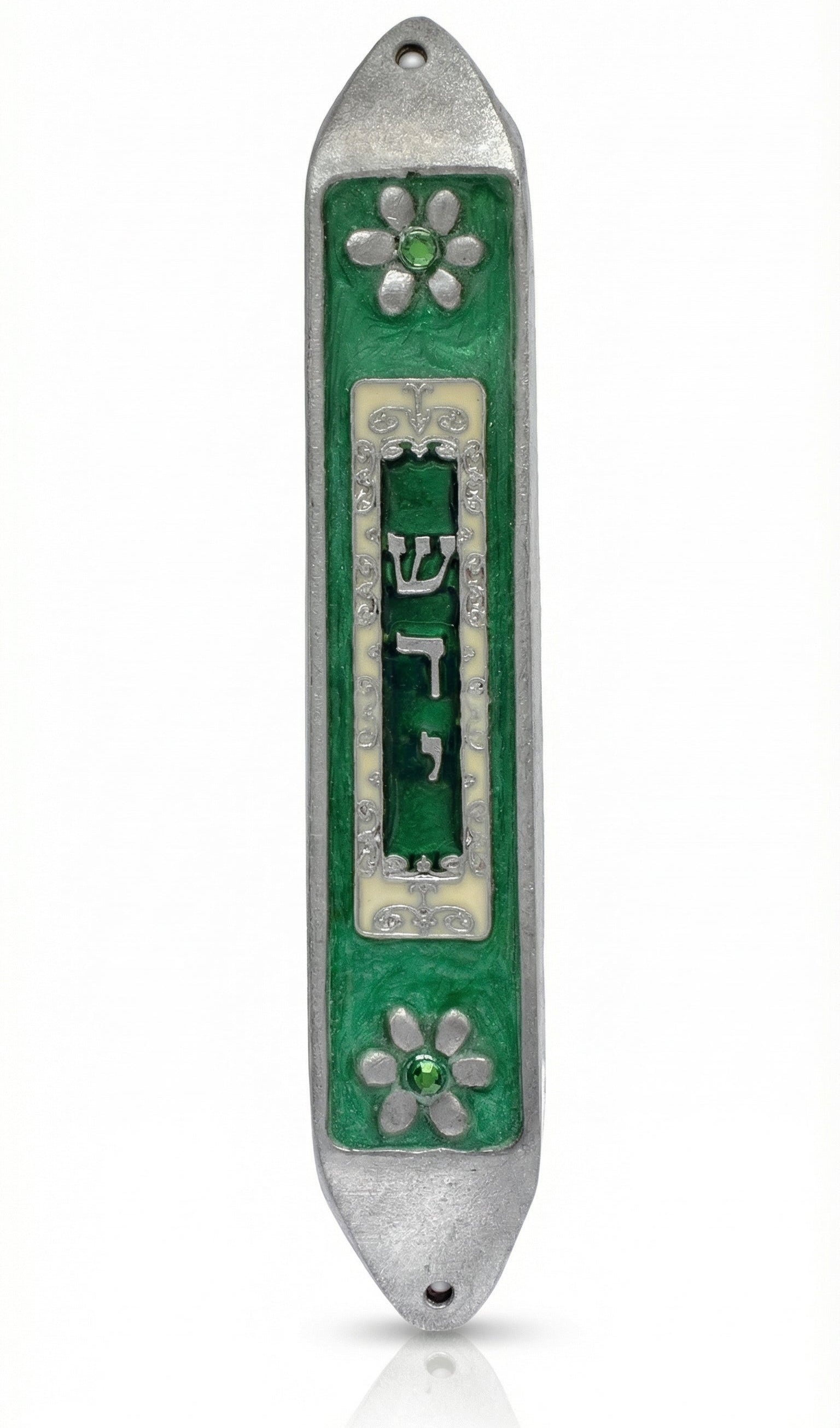 Hand-painted pewter Green Space Mezuzah, 5-inch tall with Hebrew symbols and decorative motifs, mounted with strong adhesive tape on a white background.