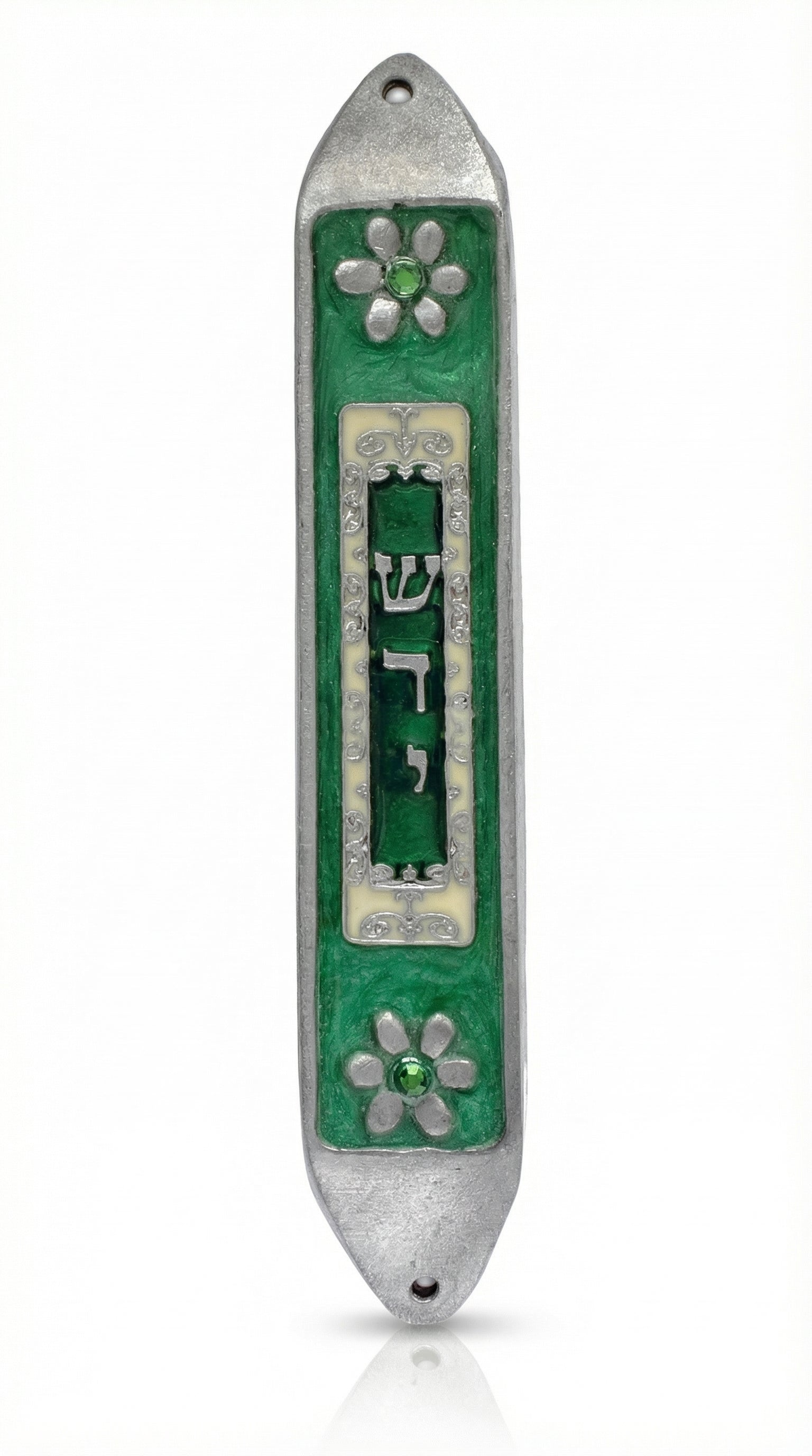 Hand-painted pewter Green Space Mezuzah, 5-inch tall with Hebrew symbols and decorative motifs, mounted with strong adhesive tape on a white background.