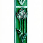High-resolution image of a green enamel Tulips Mezuzah with pink floral accents, accurately detailed for e-commerce display.