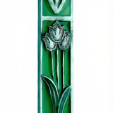 High-resolution image of a green enamel Tulips Mezuzah with pink floral accents, accurately detailed for e-commerce display.