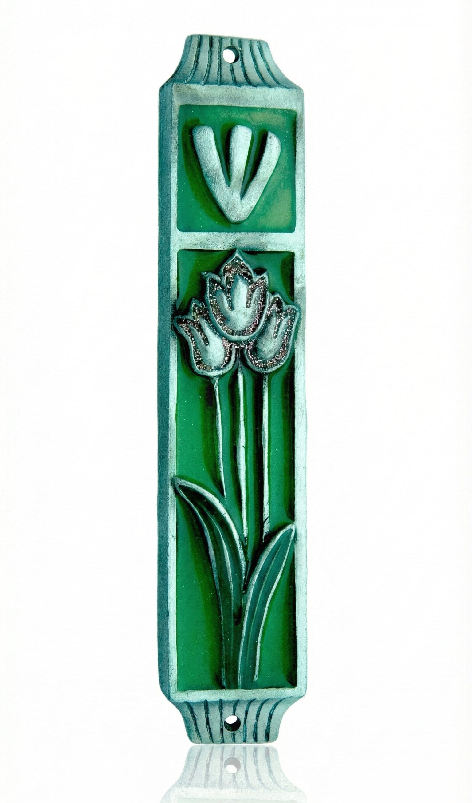 High-resolution image of a green enamel Tulips Mezuzah with pink floral accents, accurately detailed for e-commerce display.