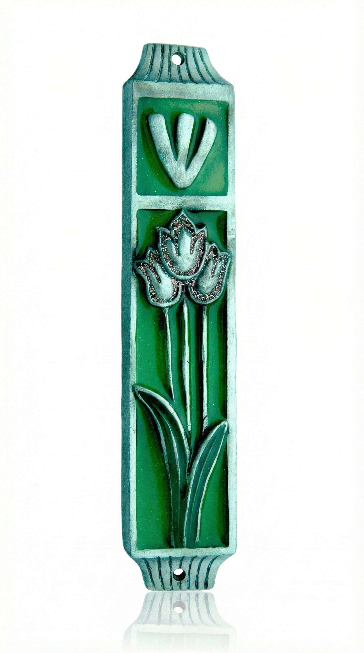 High-resolution image of a green enamel Tulips Mezuzah with pink floral accents, accurately detailed for e-commerce display.