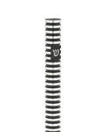 Grooved Cylinder Black Aluminum mezuzah cover with contrasting black bands, polished silver rings and a silver Hebrew Shin, forming a slender round Judaica design with a modern geometric character for the entrance to a Jewish home