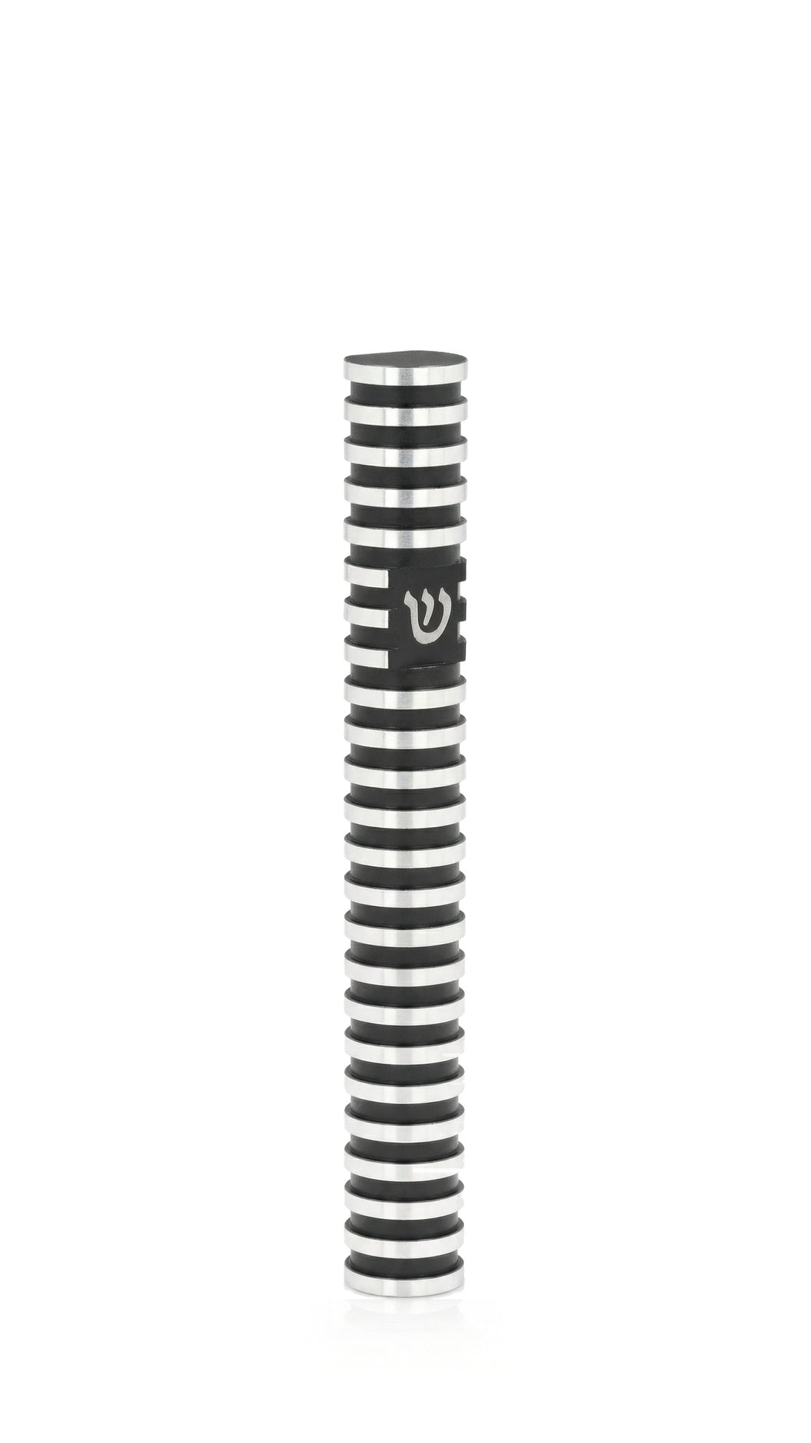 Grooved Cylinder Black Aluminum mezuzah cover with contrasting black bands, polished silver rings and a silver Hebrew Shin, forming a slender round Judaica design with a modern geometric character for the entrance to a Jewish home