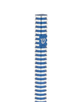 Grooved Cylinder Blue Aluminum mezuzah cover with a deep blue round body, polished silver rings and a silver Hebrew Shin at the center, giving contemporary Jewish doorways a clean geometric design in metal for indoor and outdoor use