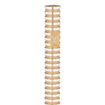 Grooved Cylinder Champagne Aluminum mezuzah cover with warm gold-toned coloring between polished silver rings and a silver Hebrew Shin on the center band, combining a rounded metal form with modern Jewish detail for an indoor or outdoor doorway