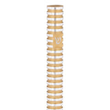 Grooved Cylinder Champagne Aluminum mezuzah cover with warm gold-toned coloring between polished silver rings and a silver Hebrew Shin on the center band, combining a rounded metal form with modern Jewish detail for an indoor or outdoor doorway