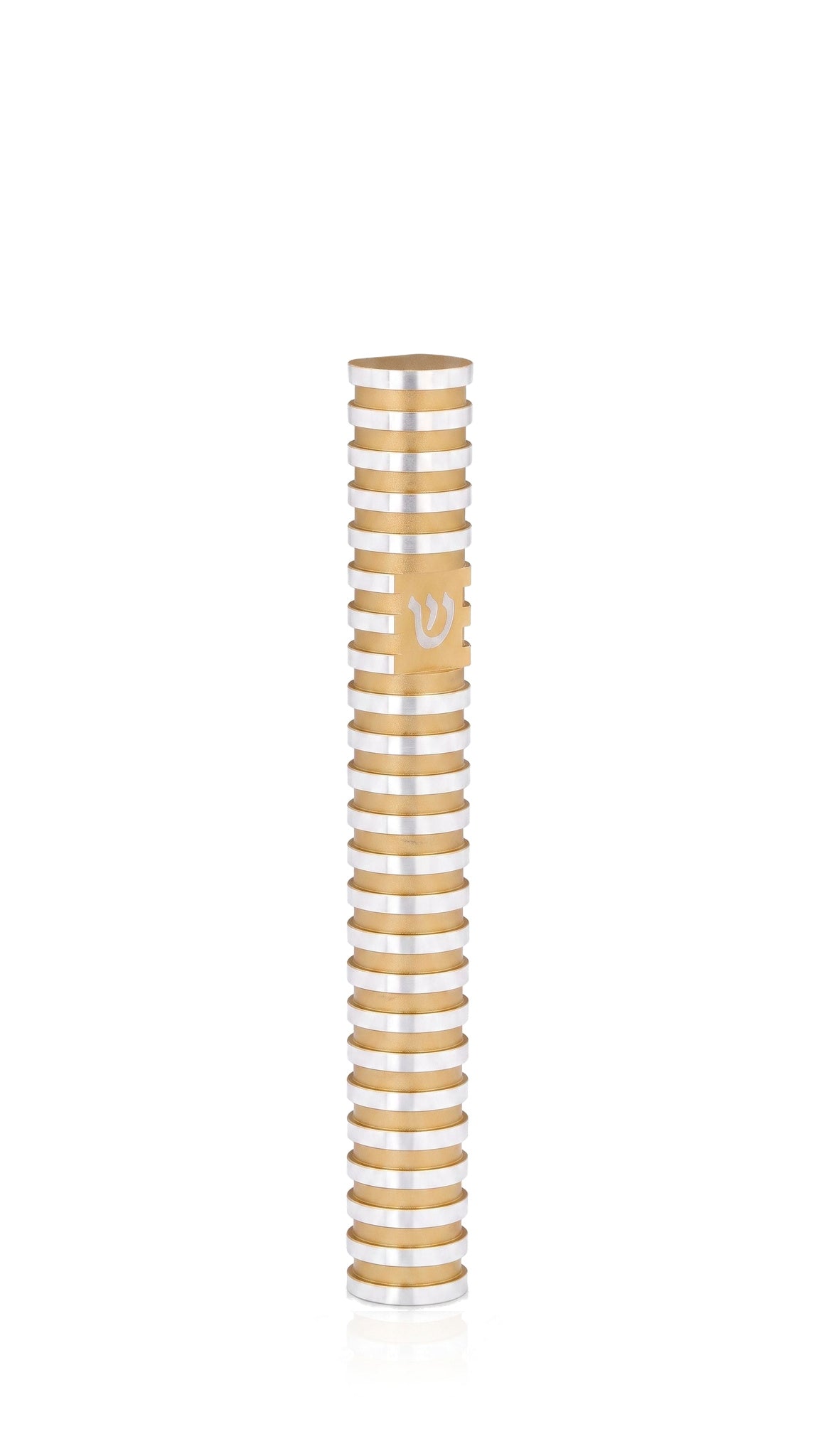 Grooved Cylinder Champagne Aluminum mezuzah cover with warm gold-toned coloring between polished silver rings and a silver Hebrew Shin on the center band, combining a rounded metal form with modern Jewish detail for an indoor or outdoor doorway