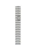 Grooved Cylinder Gray Aluminum mezuzah cover with a cool gray round body, repeating silver rings and a silver Hebrew Shin at its center, offering a clean contemporary metal design for coordinated indoor and outdoor Jewish doorways