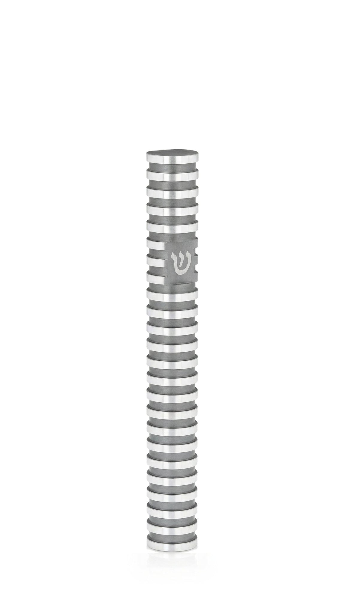 Grooved Cylinder Gray Aluminum mezuzah cover with a cool gray round body, repeating silver rings and a silver Hebrew Shin at its center, offering a clean contemporary metal design for coordinated indoor and outdoor Jewish doorways